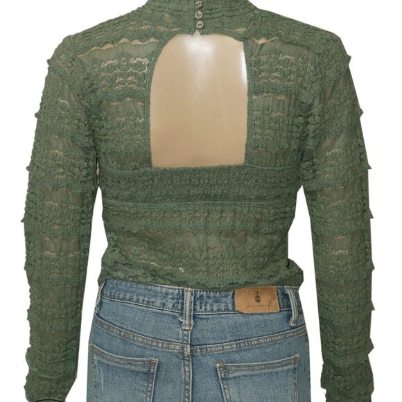 Free People Angelina Bodysuit Army Green Mock Neck Lace Sheer Top L - Picture 6 of 7